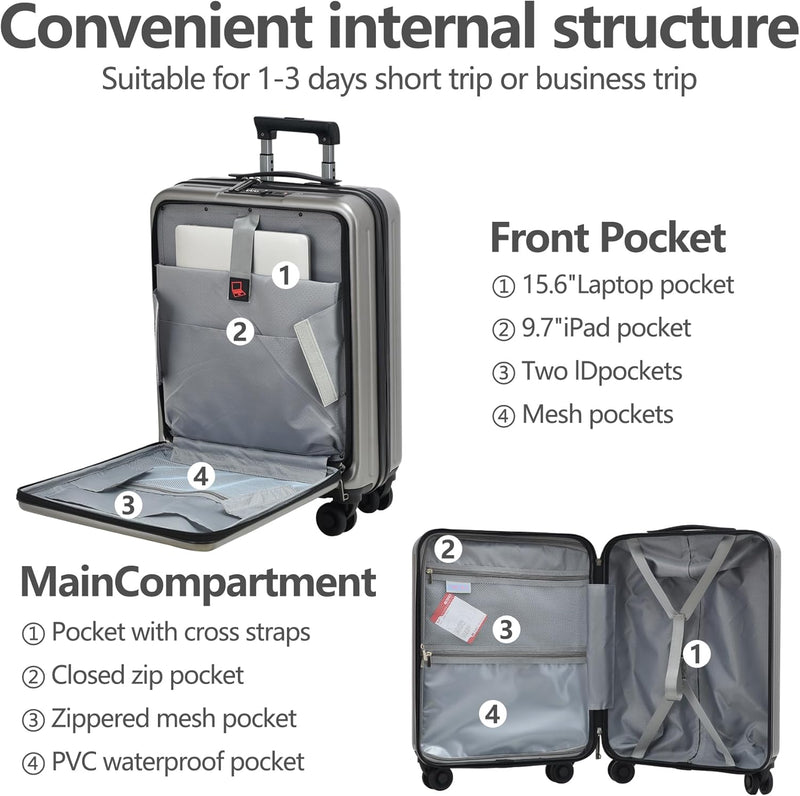 TydeCkare 20" Handgepäck mit Laptopfach, 55x40x20cm, Airline Kompatibel, 34L Hartschalenkoffer Klein