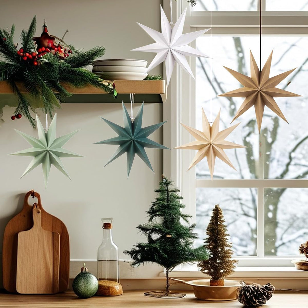 Papiersterne Weihnachten 5er Set, Kizozo Papiersterne zum aufhängen, Weihnachtsdeko Outdoor Innen Fe