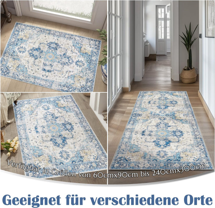TOPICK Teppich 90x150cm Fussmatte Waschbar Fussmatte Innen Kurzflor Retro Blau Blume Orientalischer