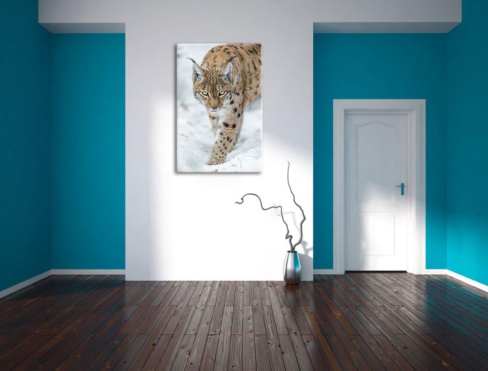 Pixxprint wachsamer Luchs im Schnee auf Leinwand, XXL riesige Bilder fertig gerahmt mit Keilrahmen,