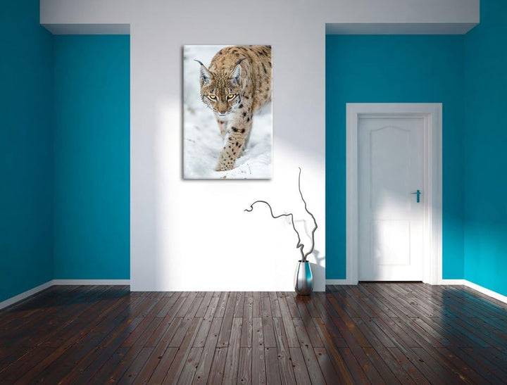 Pixxprint wachsamer Luchs im Schnee auf Leinwand, XXL riesige Bilder fertig gerahmt mit Keilrahmen,