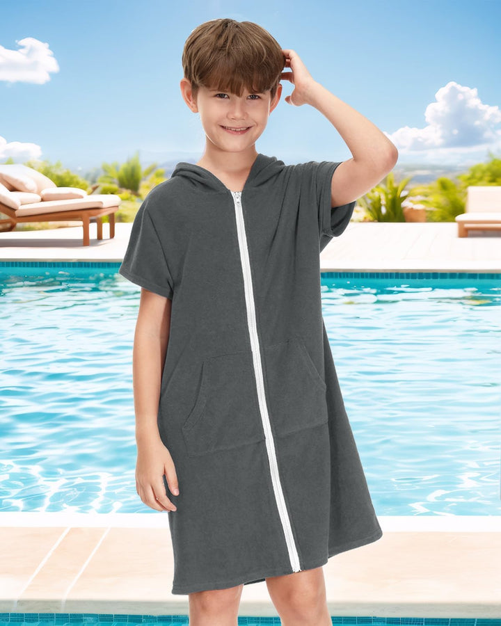 BesserBay Mädchen Badeponcho Kapuze Poncho mit Taschen Zip Cover Up Kinder Unisex 120-160 140 Dunkel
