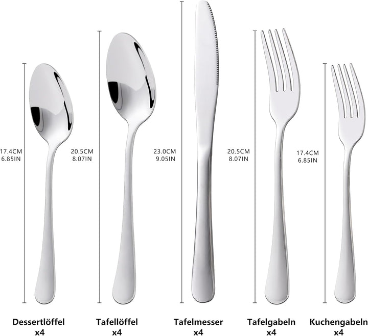 KitchenBoss Besteck Set Cutlery Set: 4 Personen Besteckset，Edelstahl Besteck，Essbesteck 20 Teilig Sp