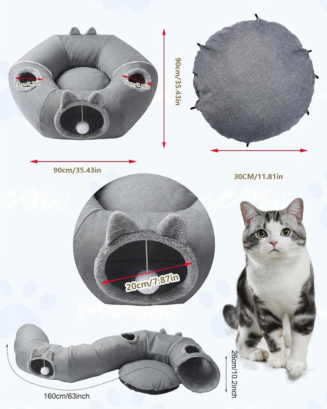 Katzentunnel aus Leinen für den Sommer, XXL Katzentunnel Grosse Katzen mit Schlafplatz &amp; Bed Weiches