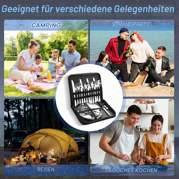 Cynrikah Camping Geschirr Set 4 Personen, Camping Besteck Set Edelstahl Camping-geschirr 20PCS Campi