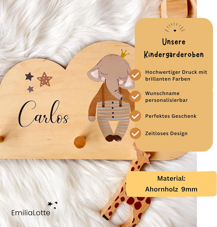EmiliaLotte Kindergarderobe Personalisiert mit Wunschname I Garderobe Kinder aus Holz - Verschiedene