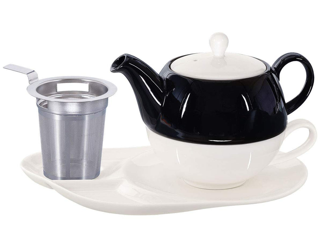 Tea for One mit Sieb Lena 500ml aus Crystal Bone China Porzellan in schwarz-weiss. Teekanne + Teetas