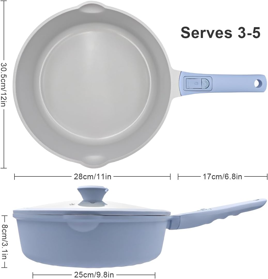 Keramik Pfanne 28 cm mit Deckel, Antihaft Keramikbeschichtung Bratpfanne 28 cm mit Abnehmbarer Griff