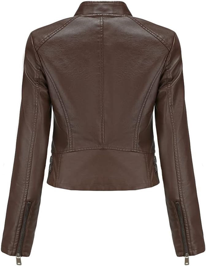 YYNUDA Damen Lederjacke Kurz Bikerjacke Stehkragen Reissverschluss Leder Jacke Übergangsjacke für He