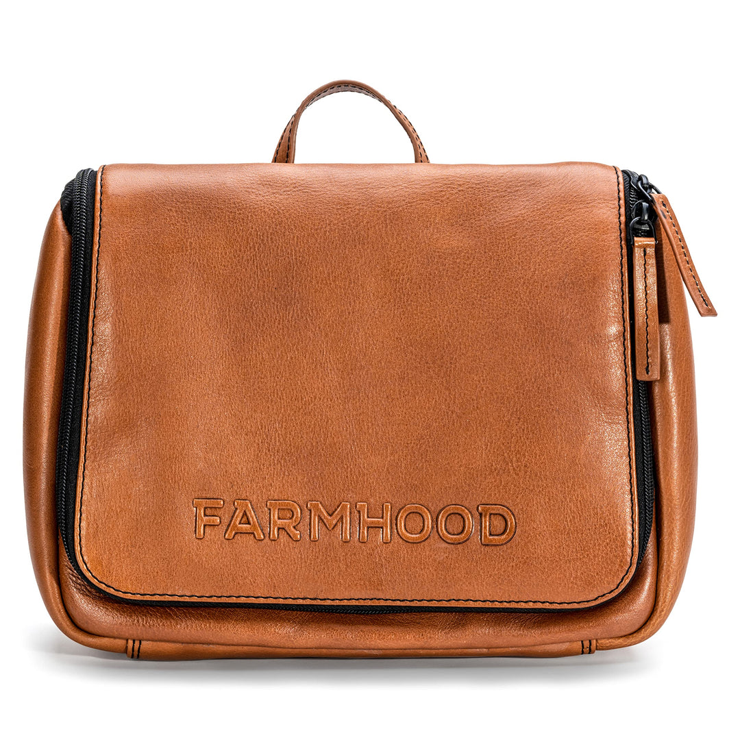 Memphis Damen/Herren Leder Kulturbeutel | grosse Kosmetiktasche mit Haken zum Aufhängen | viele Fäch