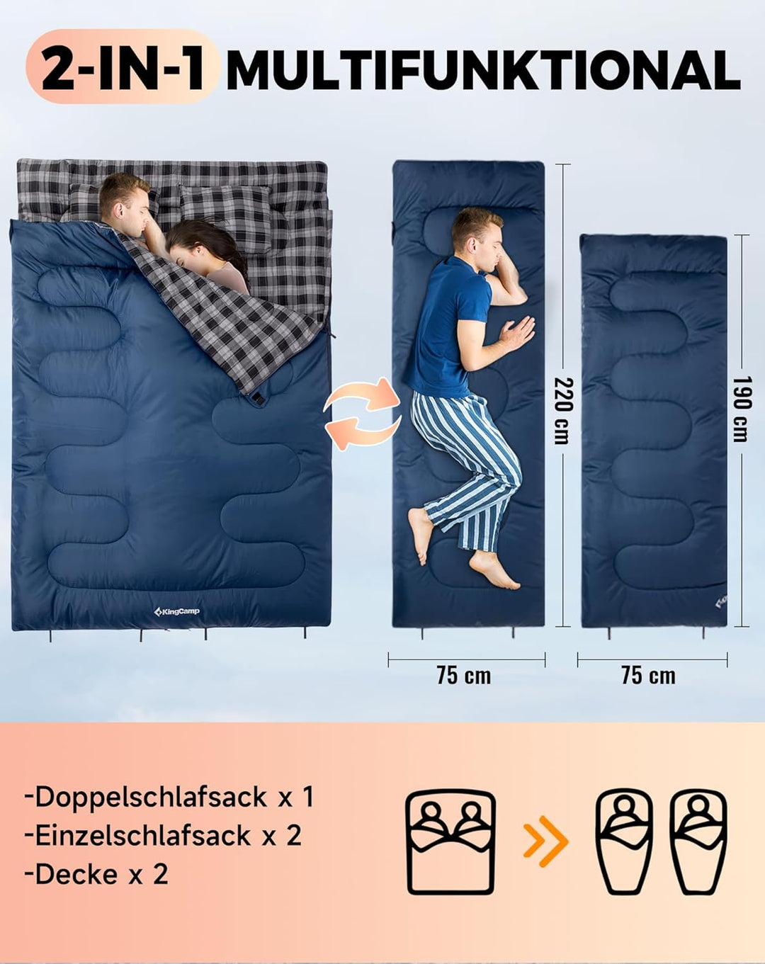 KingCamp Doppelschlafsack Baumwolle Flanell Winter Schlafsack 2 Personen Warmer Deckenschlafsack 3-4