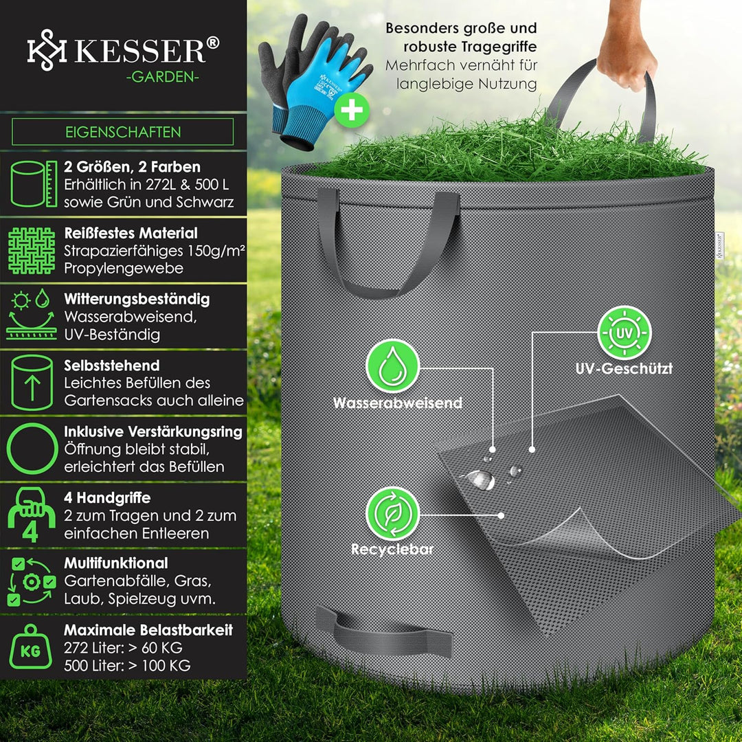 KESSER® Gartensack 3x 272L Set Laubsack Gartenabfallsack inkl. Handschuhe - Selbststehend 4 Griffe S