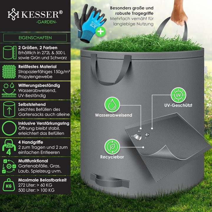 KESSER® Gartensack 3x 272L Set Laubsack Gartenabfallsack inkl. Handschuhe - Selbststehend 4 Griffe S
