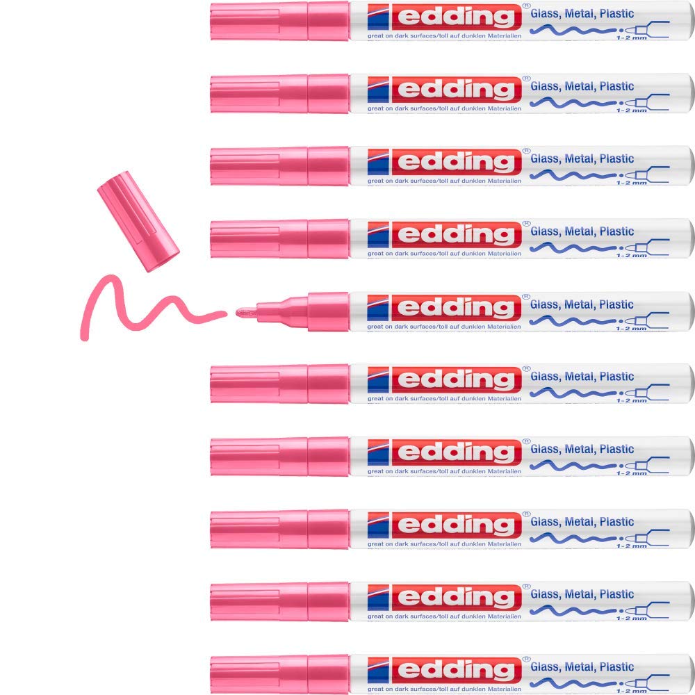 edding 751 Glanzlackmarker - pink - 10 Lackmarker - Rundspitze 1-2 mm - Lackstift für Glas, Stein, H