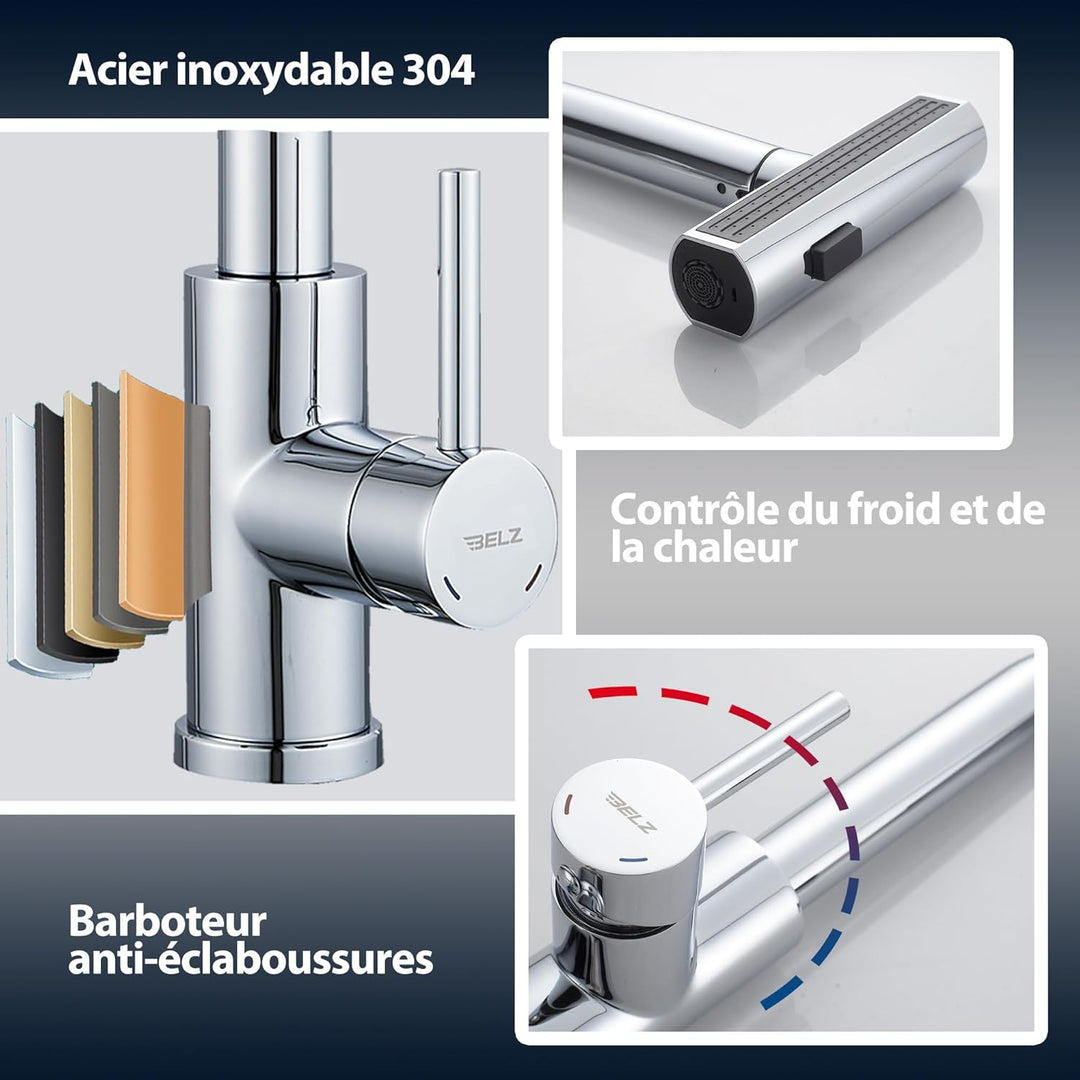 BELZ Wasserhahn Küche mit Herausziehbarer Brause, 3 Strahlarten, 360° Schwenkbarer Spültischarmatur,