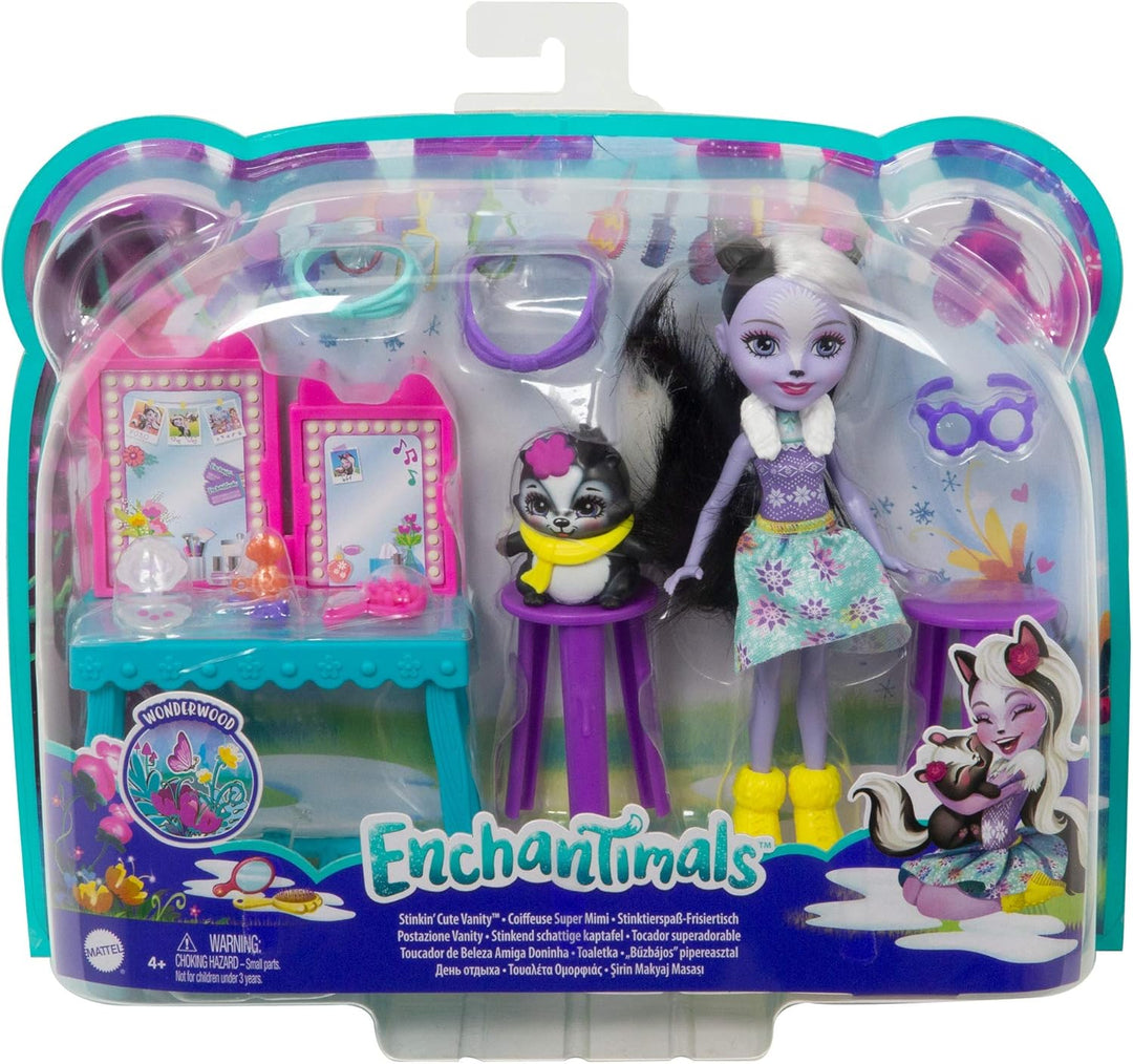 Enchantimals GJX34 - Stinktierspass-Frisiertisch mit Sage Skunk & Caper, Spielset für endlosen Schmi