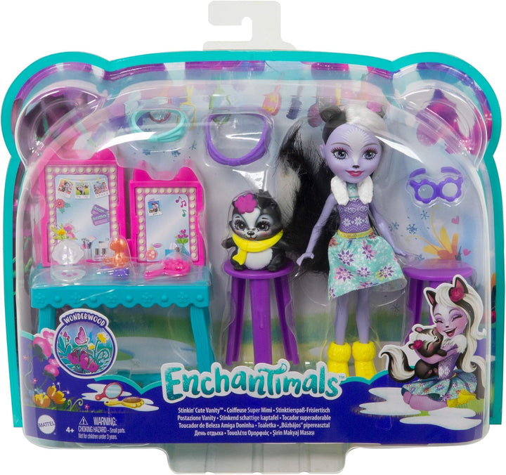 Enchantimals GJX34 - Stinktierspass-Frisiertisch mit Sage Skunk & Caper, Spielset für endlosen Schmi