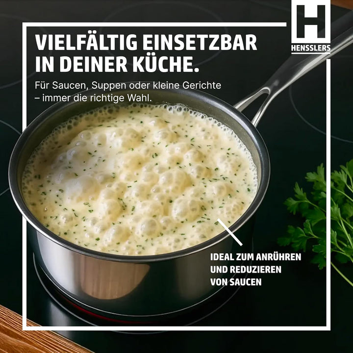 HENSSLERS® Stielkasserolle 16cm [ALLE HERDARTEN] - Saucepan aus Edelstahl - Stieltopf mit innovative