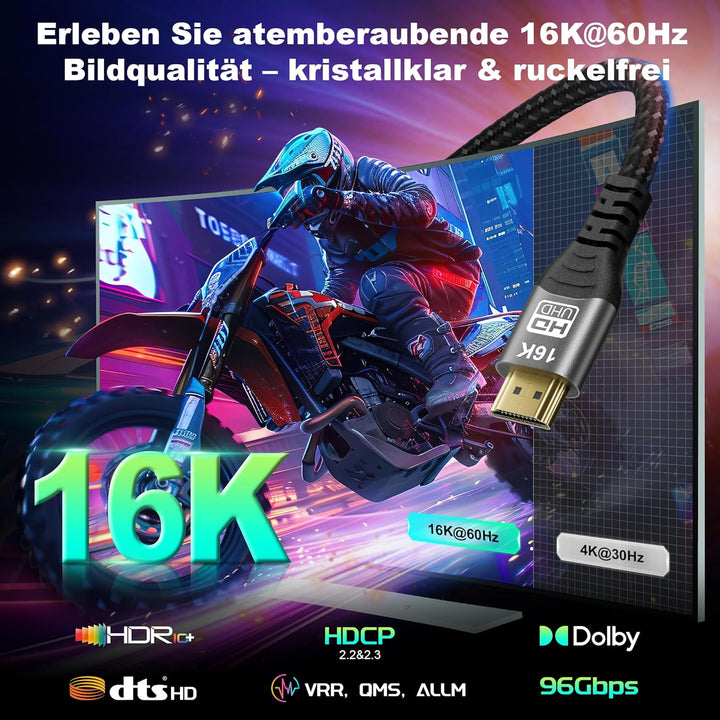 CAKOBLE HDMI 2.2 Kabel 3m - 96GbpsUltra High Speed(16K@60Hz,8K@120Hz/240Hz,4K@240Hz/360Hz/480Hz) - e