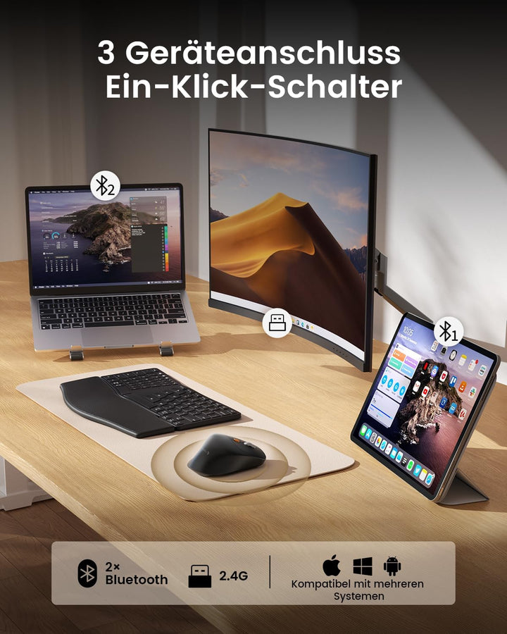 ProtoArc EM25 Ergonomische Maus mit Schnelles Scrollen, 2.4G Kabellos + 2*Bluetooth Wiederaufladbare