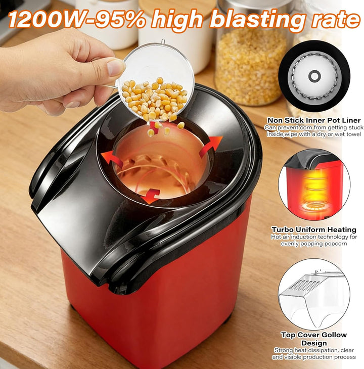 Popcornmaschine, 1200w Heissluft Popcorn Maker, Popcorn Maker Ohne Öl, 3 Minuten Schnelles, Elektris