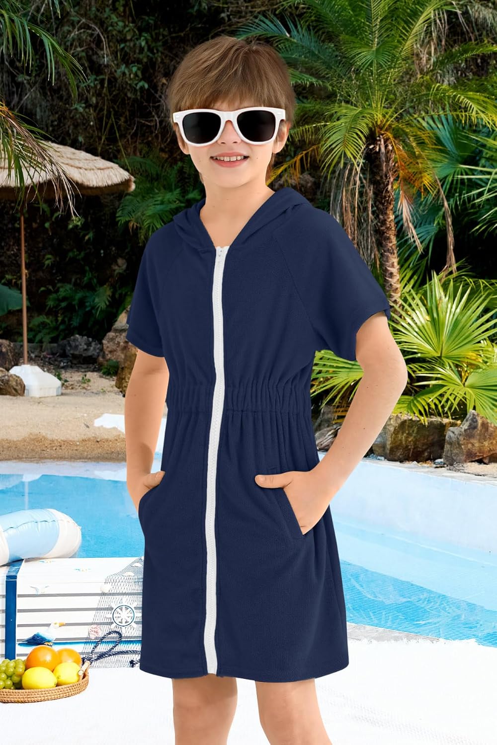 BesserBay Kinder Badeponcho Kapuze mit Taschen Frottee Bademantel Elastischer Bund Zip Surf Poncho H
