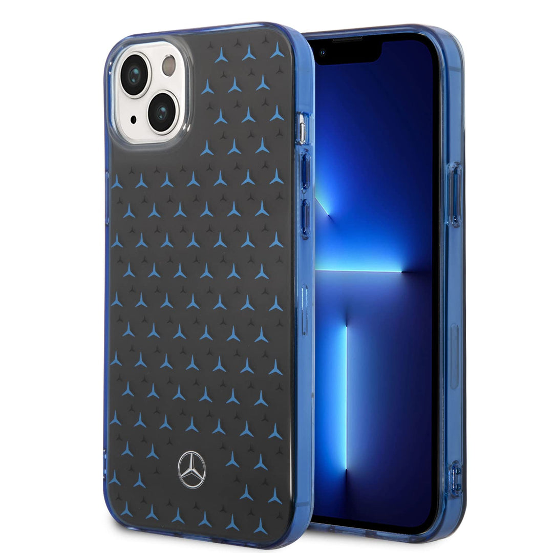 CG MOBILE Mercedes-Benz Schutzhülle für iPhone 14 Plus in Schwarz/Blau Big Star Muster, Anti-Scratch
