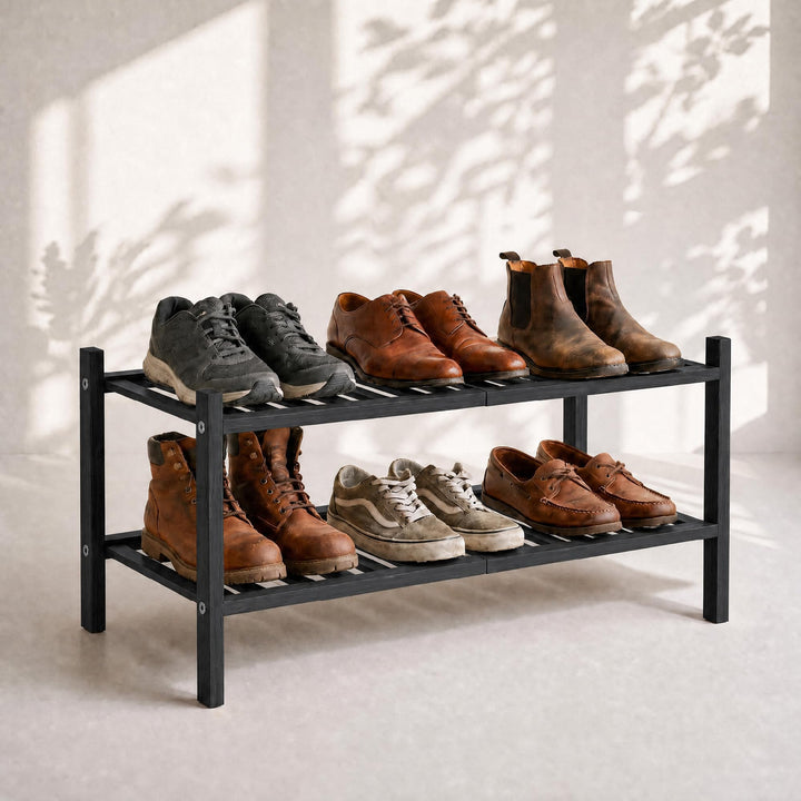 Schuhregal aus Bambus, Schuhablage mit 2 Ebenen, 68 x 28 x 32 cm, Erweiterbar Stapelbar, Schuhschran