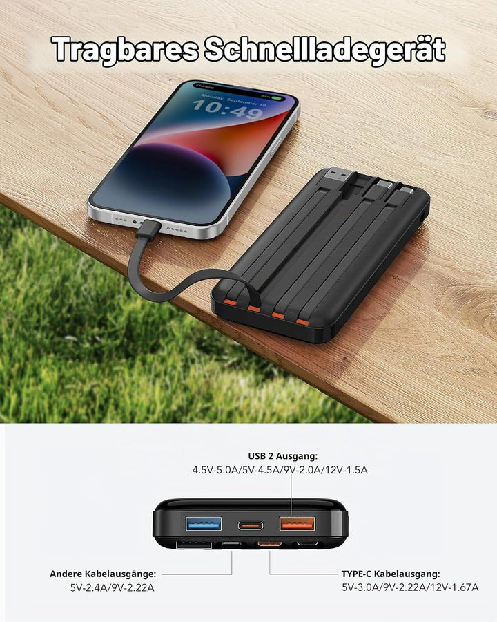 Charmast Powerbank mit integrierten Kabeln, 22,5 W 20000 mAh Powerbank Schnellladung, tragbares Lade