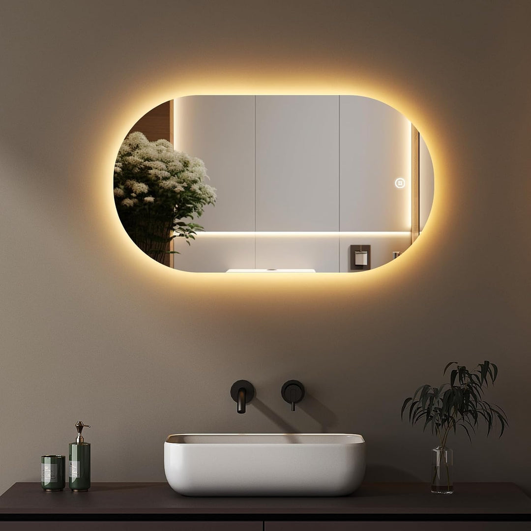Boromal Badspiegel mit Beleuchtung Oval Led Spiegel mit Touch-Schalter, Dimmbar, 3 Lichtfarbe Einste