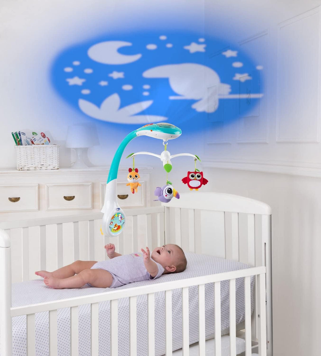 Chicco Magic Forest Baby Mobile mit Musik und Licht, Elektronische Spieluhr mit entspannender Musik