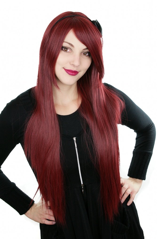 Prettyland Damen 80cm Langhaar Glatt Anime Cosplay Perücke Dunkelrot Weinrot/Burgundy Rot C918, dunk
