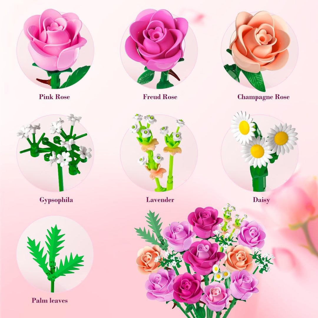 Romantischer Rosa Rosenstrauss-Bausatz mit Vase und LED-Licht, 845 PCS Blumen-Baustein-Spielzeug, Ge