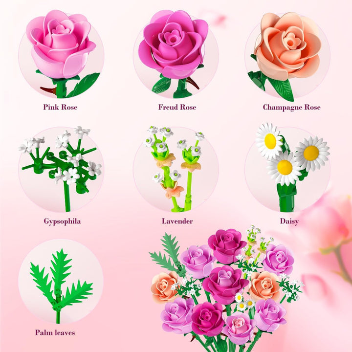 Romantischer Rosa Rosenstrauss-Bausatz mit Vase und LED-Licht, 845 PCS Blumen-Baustein-Spielzeug, Ge