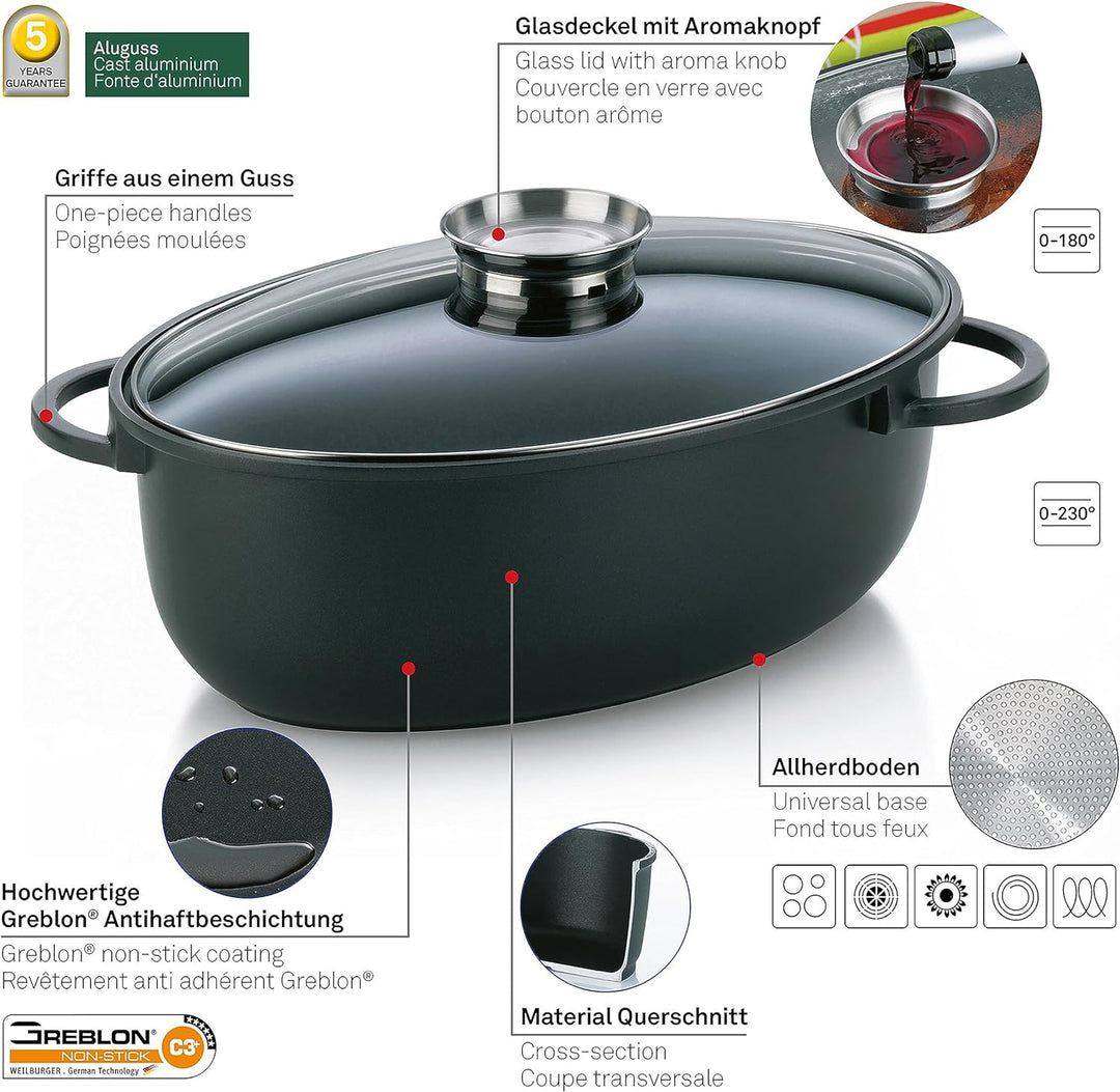 Kela 15153 Bräter, Glasdeckel mit Aromaknopf, Aluguss 5 mm, Antihaftbeschichtung, Induktionsgeeignet