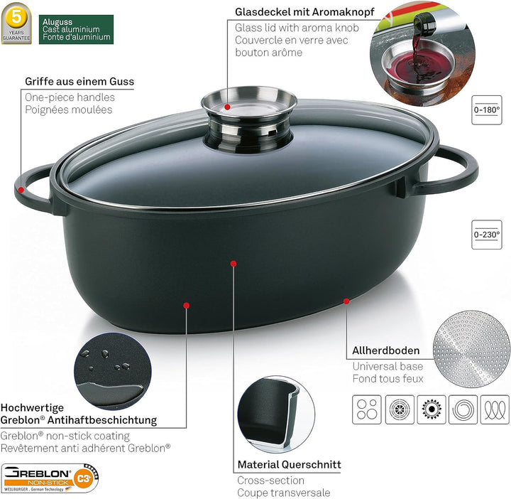 Kela 15153 Bräter, Glasdeckel mit Aromaknopf, Aluguss 5 mm, Antihaftbeschichtung, Induktionsgeeignet