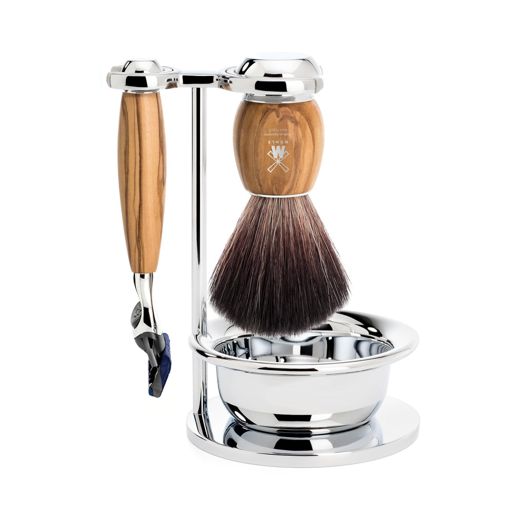 MÜHLE Vivo Rasierset kompatibel mit Gillette-Klingen, Pinsel Black Fibre, Halterung mit Schale, Oliv