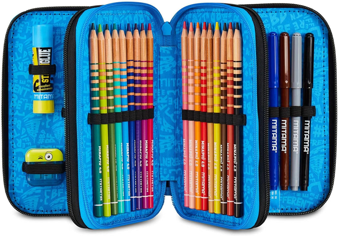 Mitama Federmäppchen mit 3 Fächern und 47 Teilen, gefülltes Schüleretui, Federtasche für Schreibware