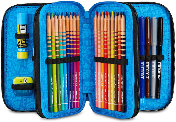 Mitama Federmäppchen mit 3 Fächern und 47 Teilen, gefülltes Schüleretui, Federtasche für Schreibware