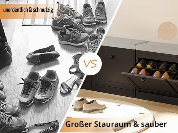 VOWNER Schuhschrank mit 2 Klappen, Schuhregal Schuhkipper Schmal, Sitzbank mit Sitzkissen, Verstellb