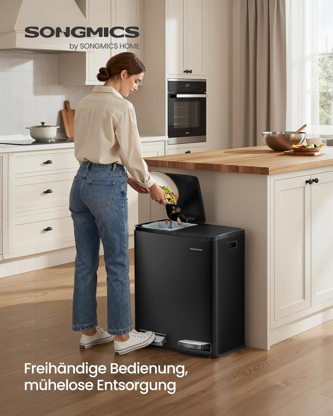 SONGMICS Mülleimer Küche, 2 x 30 L, Mülltrennsystem 2 Fächer, Abfalleimer mit 15 Müllbeuteln, Tretmü