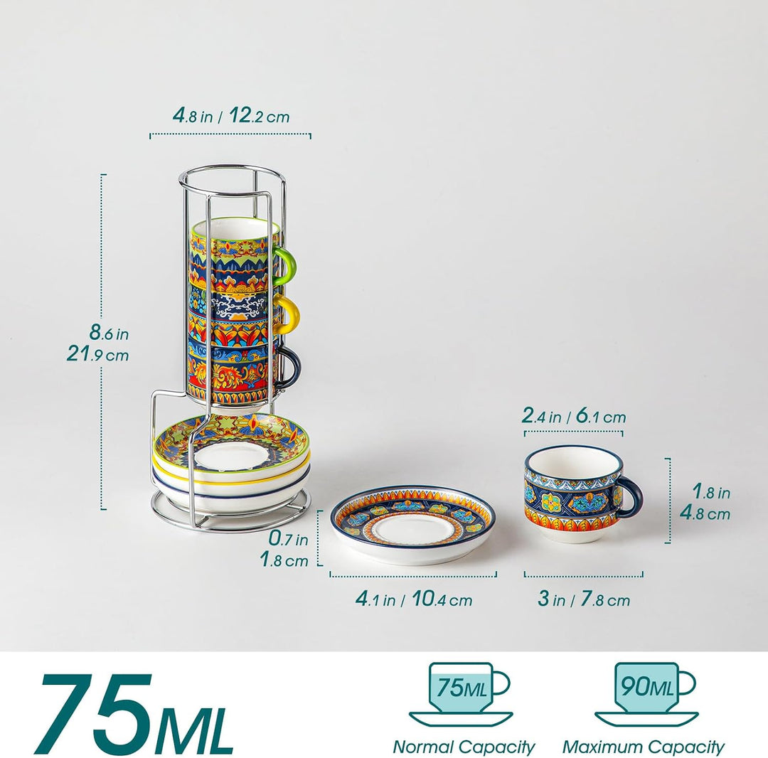vancasso Espressotassen 4er Set, 90 ml Kaffeetassen mit Untertassen &amp; Metallständer, Stapelbar Dickw