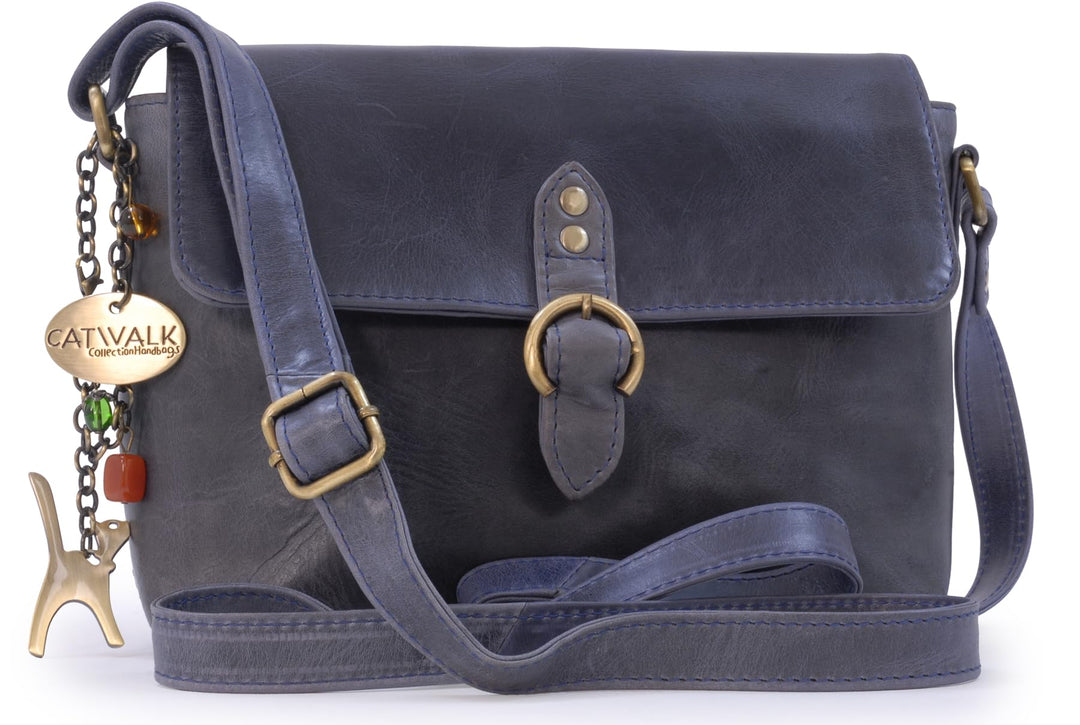 Catwalk Collection Handbags - Damen Umhängetasche aus Leder - Schultertasche - FREYA Blau, Blau