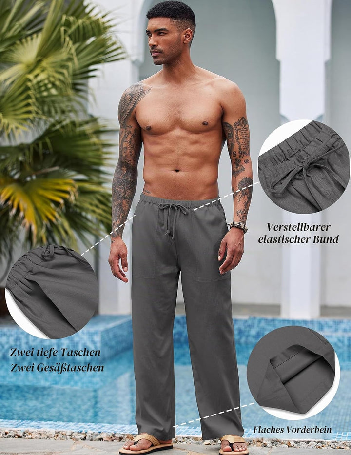 COOFANDY Leinenhose Herren mit Tunnelzug Herrenhose Leicht Sommerhose Freizeithose Einfarbig Leinen