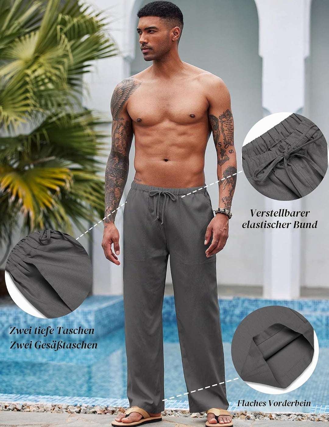 COOFANDY Leinenhose Herren mit Tunnelzug Herrenhose Leicht Sommerhose Freizeithose Einfarbig Leinen