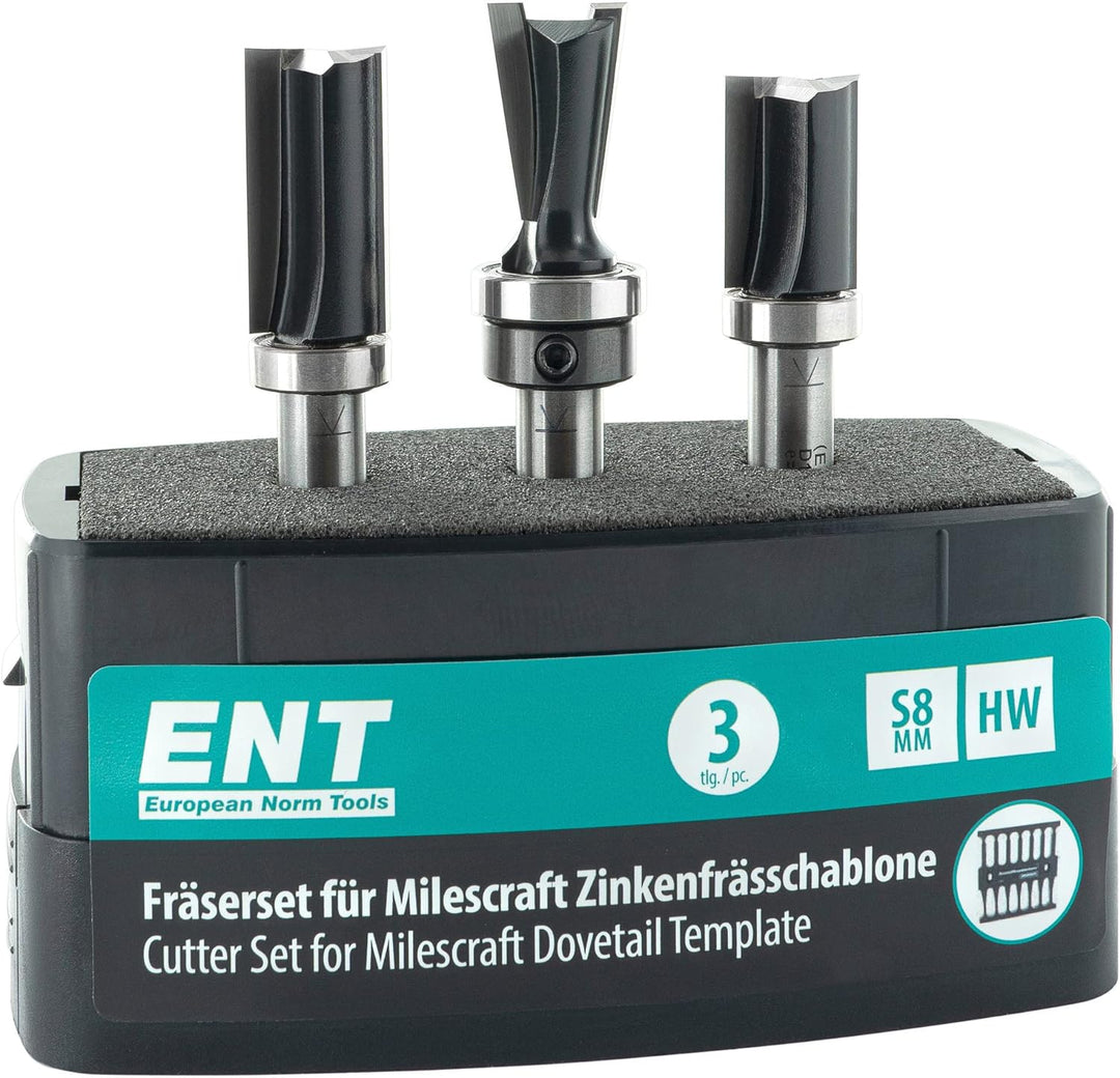 ENT 09049 3-tlg. Fräser-Set für die Milescraft-Frässchablone, für hochwertige Zinkenverbindungen, in