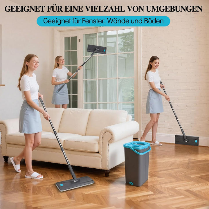 MASTERTOP Bodenwischer, Flach Mopp mit Eimer und 6 Mikrofaser Wischpads, Wischmopp und Putzeimer Set