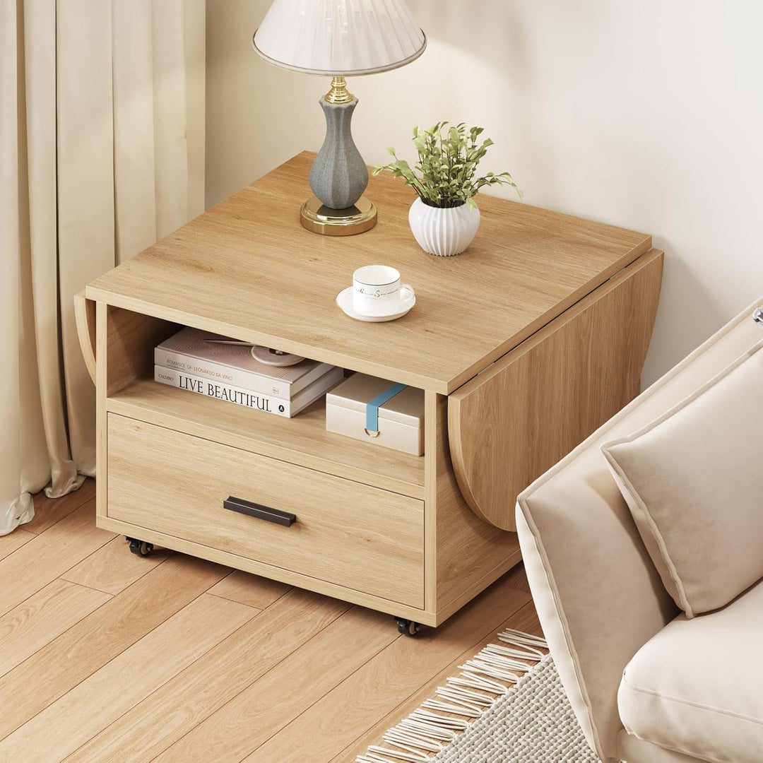 IBF Couchtisch Holz mit Stauraum Oval Klappbarer Couchtisch Wohnzimmer Tisch mit Schublade Mitteltis