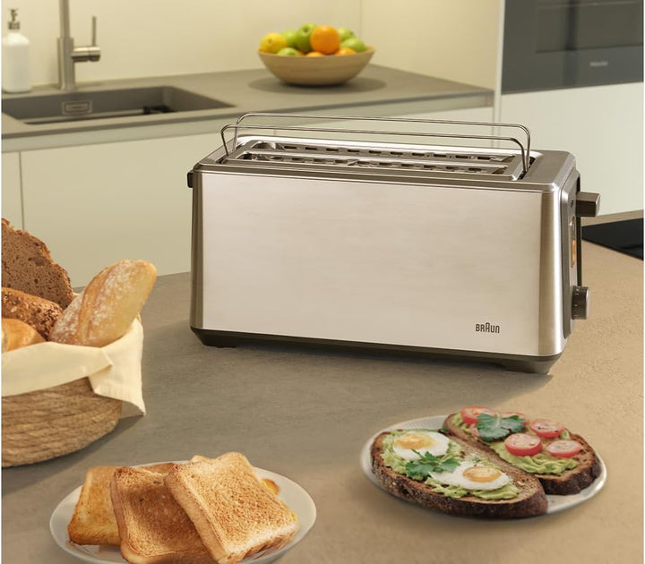 Braun Langschlitz-Toaster – 2 extralange Schlitze, 8 Bräunungsstufen, Auto-Zentrierung, Reheat+ & De