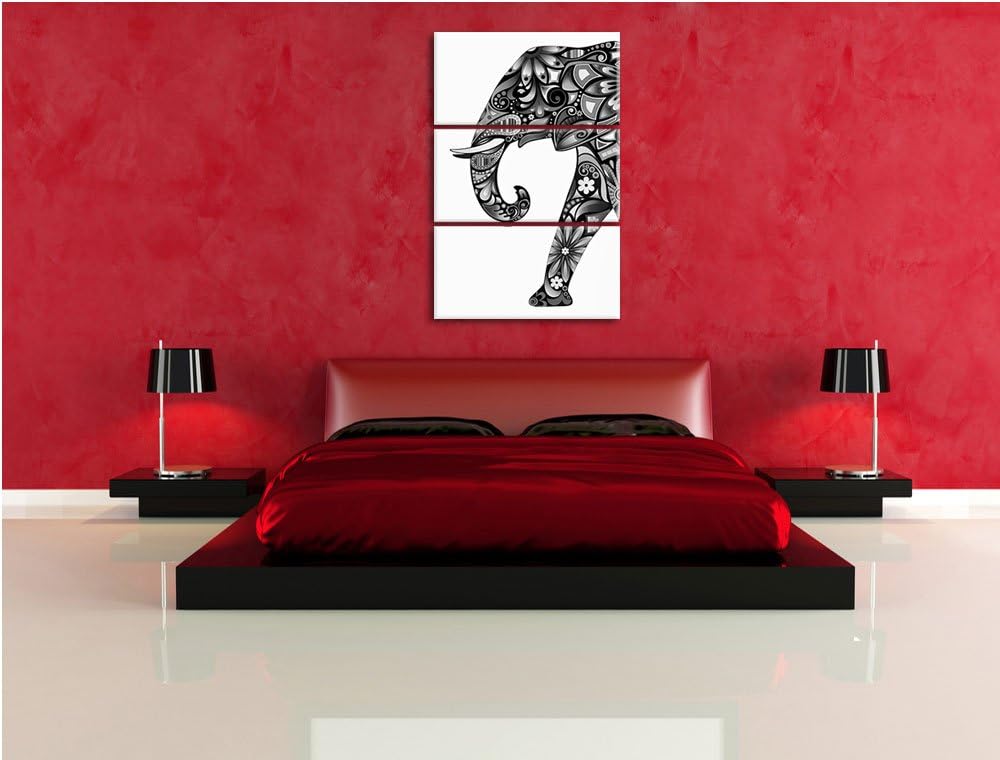 Pixxprint Monocrome, Elefant mit Ornamenten 3-Teiler Leinwandbild 120x80 Bild auf Leinwand